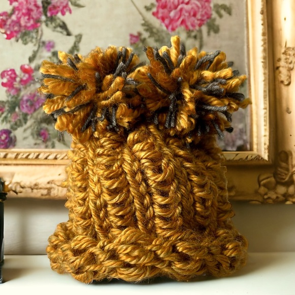 Hand Crafted Other - Yellow & Gray Knitted Newborn Baby Beanie Hat